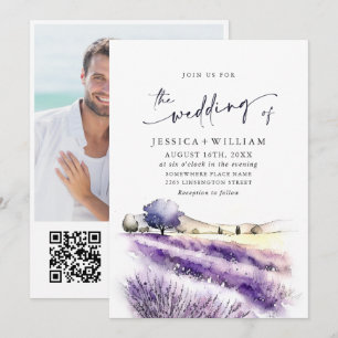 Lila Lavendelfeld Hochzeitsfoto QR Wasserfarben Einladung