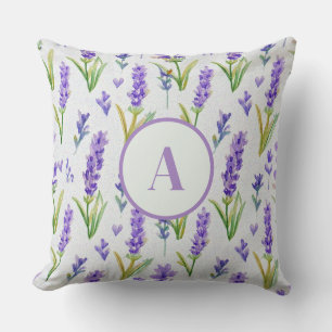 Lila Lavendelmuster Monogramm Kissen
