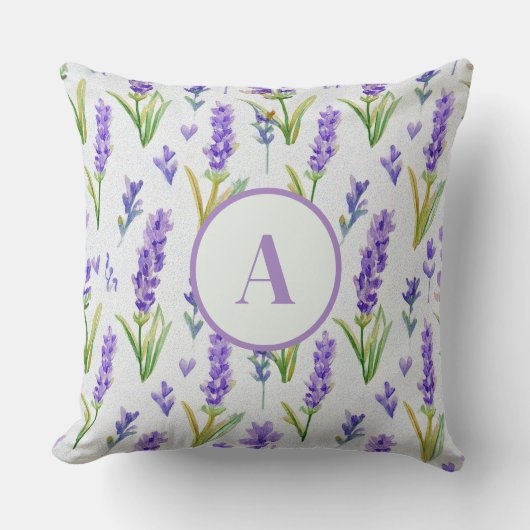 Lila Lavendelmuster Monogramm Kissen (Vorderseite)
