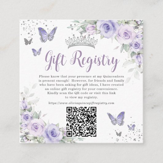 Lila Lavender Butterflies Quinceanera QR Geschenk Begleitkarte (Vorderseite)