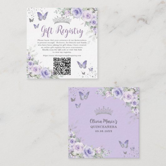 Lila Lavender Butterflies Quinceanera QR Geschenk Begleitkarte (Vorne/Hinten)