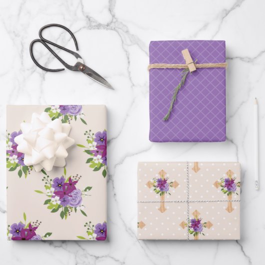 LILA & LAVENDER EASTER CROSSES WASSERFARBE BLUME GESCHENKPAPIER SET (Vorderseite)