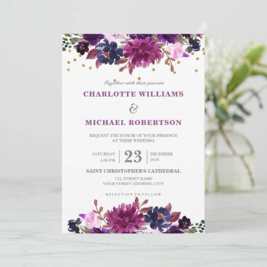 Lila Lavender Floral Boho Hochzeit Einladung (Stehend Vorderseite)