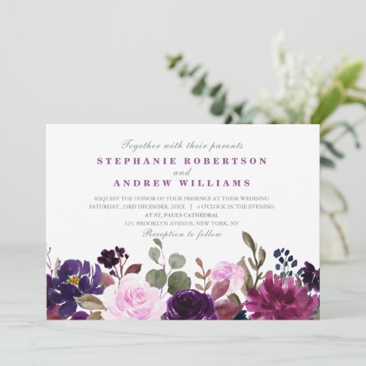 Lila Lavender Floral Boho Hochzeit Einladung (Stehend Vorderseite)