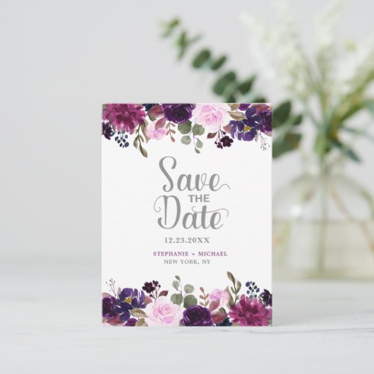 Lila Lavender Floral Boho Save the Date Ankündigungspostkarte (Stehend Vorderseite)