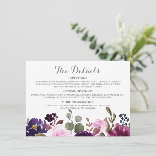 Lila Lavender Floral Boho Wedding Details Karte (Stehend Vorderseite)