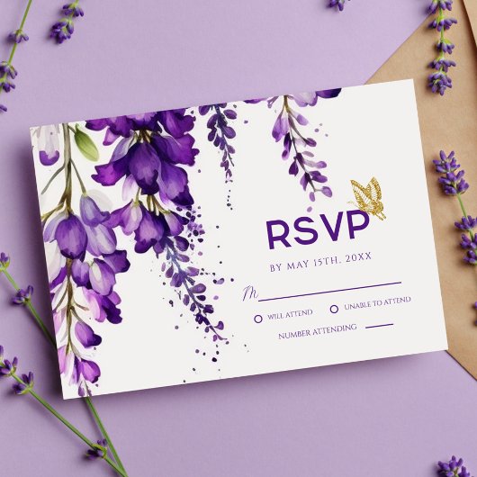 Lila Lavender Floral Modern Boho Wedding RSVP Karte