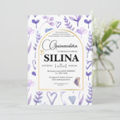 Lila Lavender Gold Arch Quinceñera Butterfly Einladung (Stehend Vorderseite)
