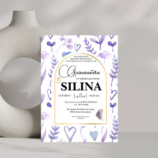 Lila Lavender Gold Arch Quinceñera Butterfly Einladung