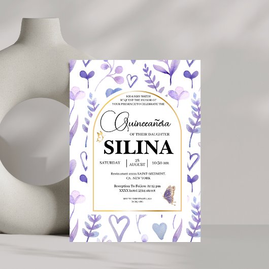 Lila Lavender Gold Arch Quinceñera Butterfly Einladung