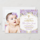 Lila Lavender Gold Floral Erste Heilige Kommune Einladung (Vorderseite)