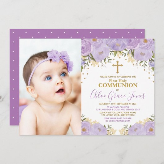 Lila Lavender Gold Floral Erste Heilige Kommune Einladung (Vorne/Hinten)