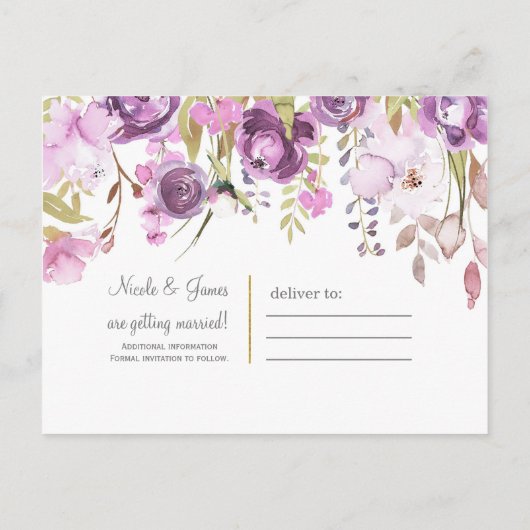 Lila Lavender Lilac Floral Wedding Save the Date Ankündigungspostkarte (Rückseite)