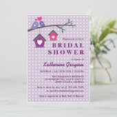 Lila Lavender Love Birds Polka Dots Einladung (Stehend Vorderseite)
