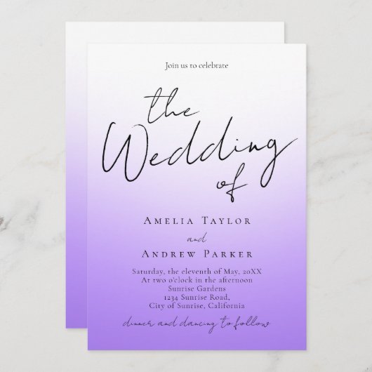 Lila Lavender Minimal QR Code Elegante Hochzeit Einladung (Vorne/Hinten)