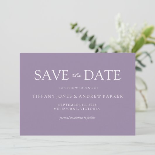 Lila Lavender Modern Simple Wedding Save The Date (Stehend Vorderseite)