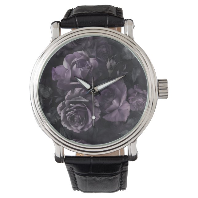 Lila Lavender Moody Rose Floral Goth Armbanduhr (Vorderseite)