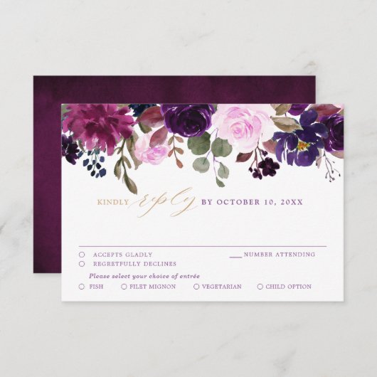 Lila Lavender Plum Floral Boho Wedding RSVP Karte (Vorne/Hinten)