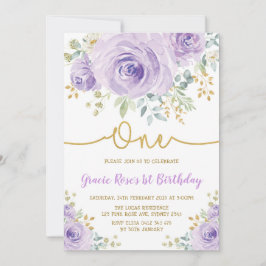 Lila Lavender Rose Girl 1. Geburtstag Party Einladung