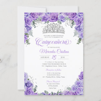 Lila Lavender Rose & Silver Tiara Quinceanera Einladung