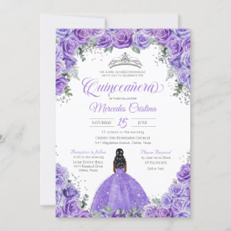 Lila Lavender Rose Silver Tiara Quinceanera Einladung