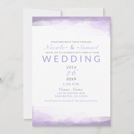 Lila Lavender Watercolor Moderne schicke Hochzeit Einladung (Vorderseite)
