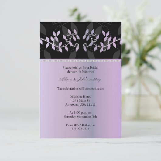 Lila Leaf Border Bridal Dusche Einladung (Stehend Vorderseite)