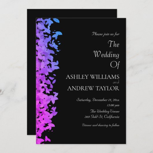 Lila Leaf-Muster Elegante Schwarze Hochzeit Einladung (Vorne/Hinten)