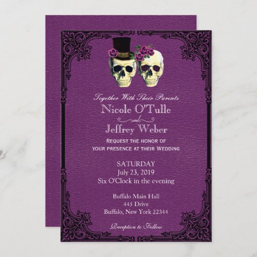 Lila lederne Goth Schädel-Hochzeits-Einladung Einladung (Vorne/Hinten)