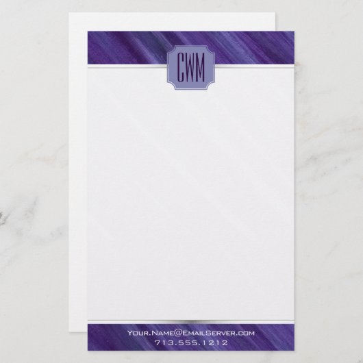 Lila Leidenschaft | Violet Plum Brushstroke Monogr Briefpapier (Vorne/Hinten)