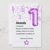 Lila Leopard Ballon 1. Weihnachten Geburtstag Einladung (Vorderseite)