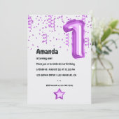 Lila Leopard Ballon 1. Weihnachten Geburtstag Einladung (Stehend Vorderseite)