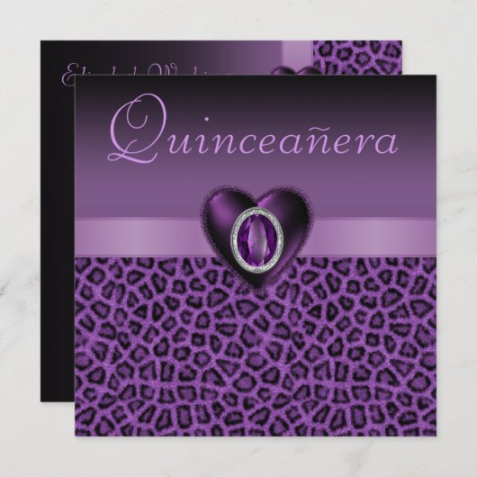 Lila Leopard-Druck u. Bling Herzen Quinceanera Einladung (Vorne/Hinten)