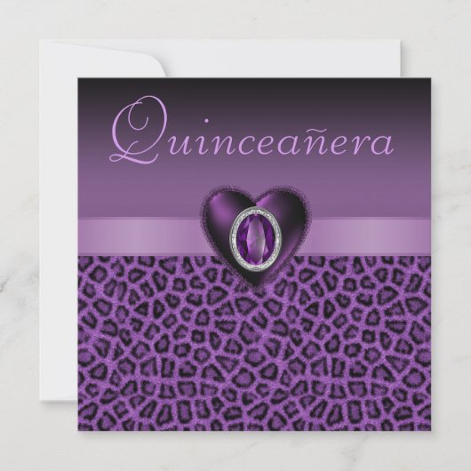 Lila Leopard-Druck u. Bling Herzen Quinceanera Einladung (Vorderseite)