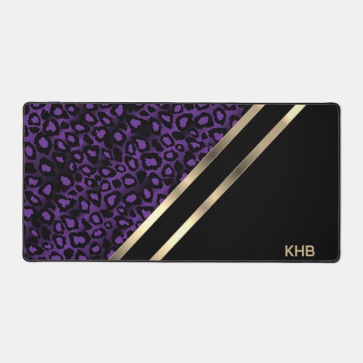 Lila Leopard mit Gold und Schwarz - Monogramm Schreibtischunterlage (Vorderseite)