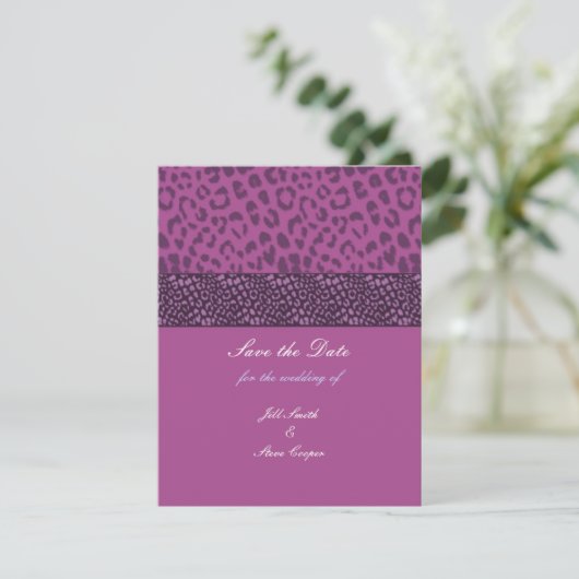 Lila Leopard Muster Save the Date (Stehend Vorderseite)