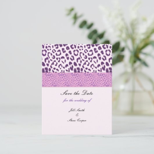 Lila Leopard Muster Save the Date (Stehend Vorderseite)