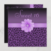 Lila Leopard Print & Bling Blume Sweet 16 Einladung (Vorne/Hinten)
