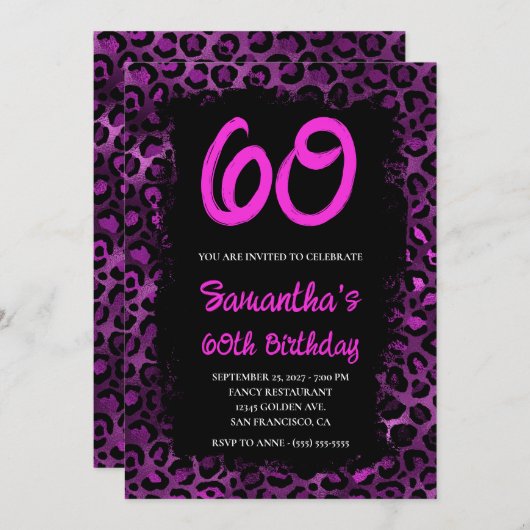 Lila Leopard Schwarz 60. Geburtstag Einladung (Vorne/Hinten)