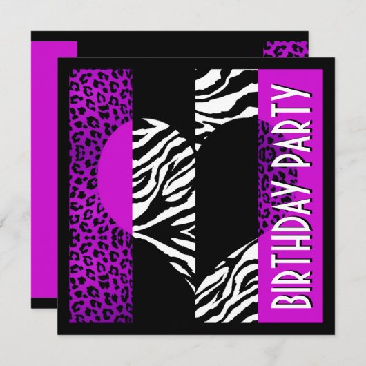 Lila Leopard-Schwarz-Weiß-Zebra Einladung (Vorne/Hinten)