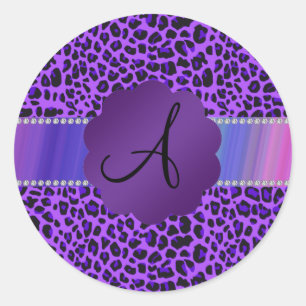 Lila Leopardmuster des Monogramms Runder Aufkleber