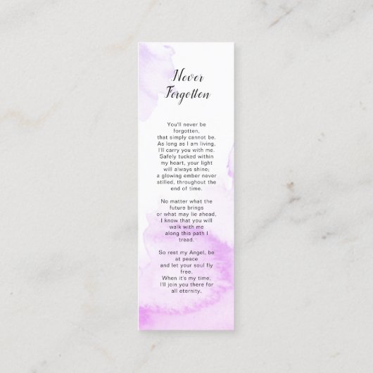 Lila Lesezeichen der Beerdigung, Beerdigung Keepak Mini Visitenkarte (Rückseite)