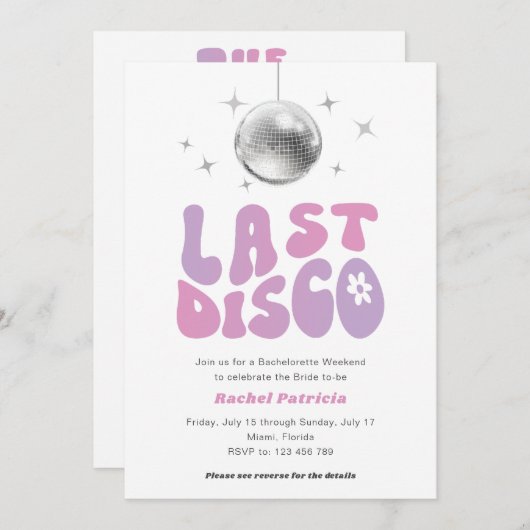 Lila letzte Diskothek, modernes Retro-Bachelorette Einladung (Vorne/Hinten)