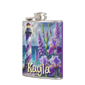 Lila Leuchtturm mit Foxglove & Iris Personalisiert Flachmann (Links)