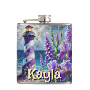 Lila Leuchtturm mit Foxglove & Iris Personalisiert Flachmann