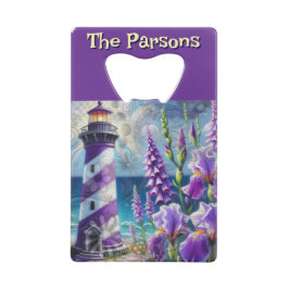 Lila Leuchtturm mit Foxglove & Iris Personalisiert Geldbeutel Flaschenöffner