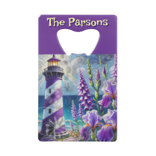 Lila Leuchtturm mit Foxglove & Iris Personalisiert Geldbeutel Flaschenöffner