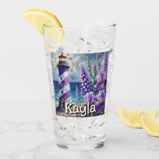 Lila Leuchtturm mit Foxglove & Iris Personalisiert Glas (Vorderseite Ice)