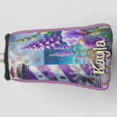 Lila Leuchtturm mit Foxglove & Iris Personalisiert Golf Headcover (Vorderseite)