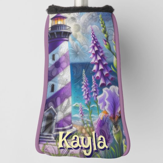 Lila Leuchtturm mit Foxglove & Iris Personalisiert Golf Headcover (Rotieren 90)